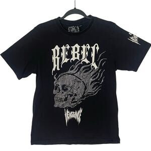 Rebel Vengeance Black Graphic Tee Rhinestone Bling Skull in Flames Size M
